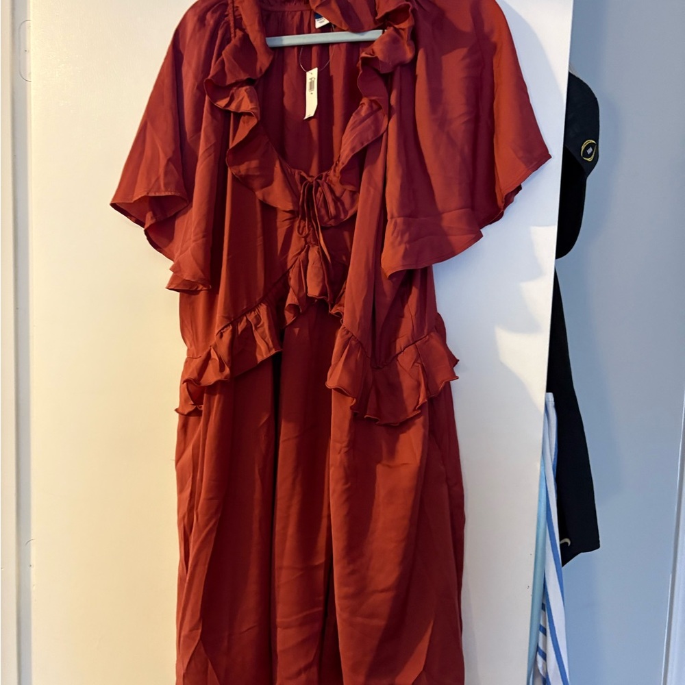 Rust Red Ruffled Midi Dress — Women